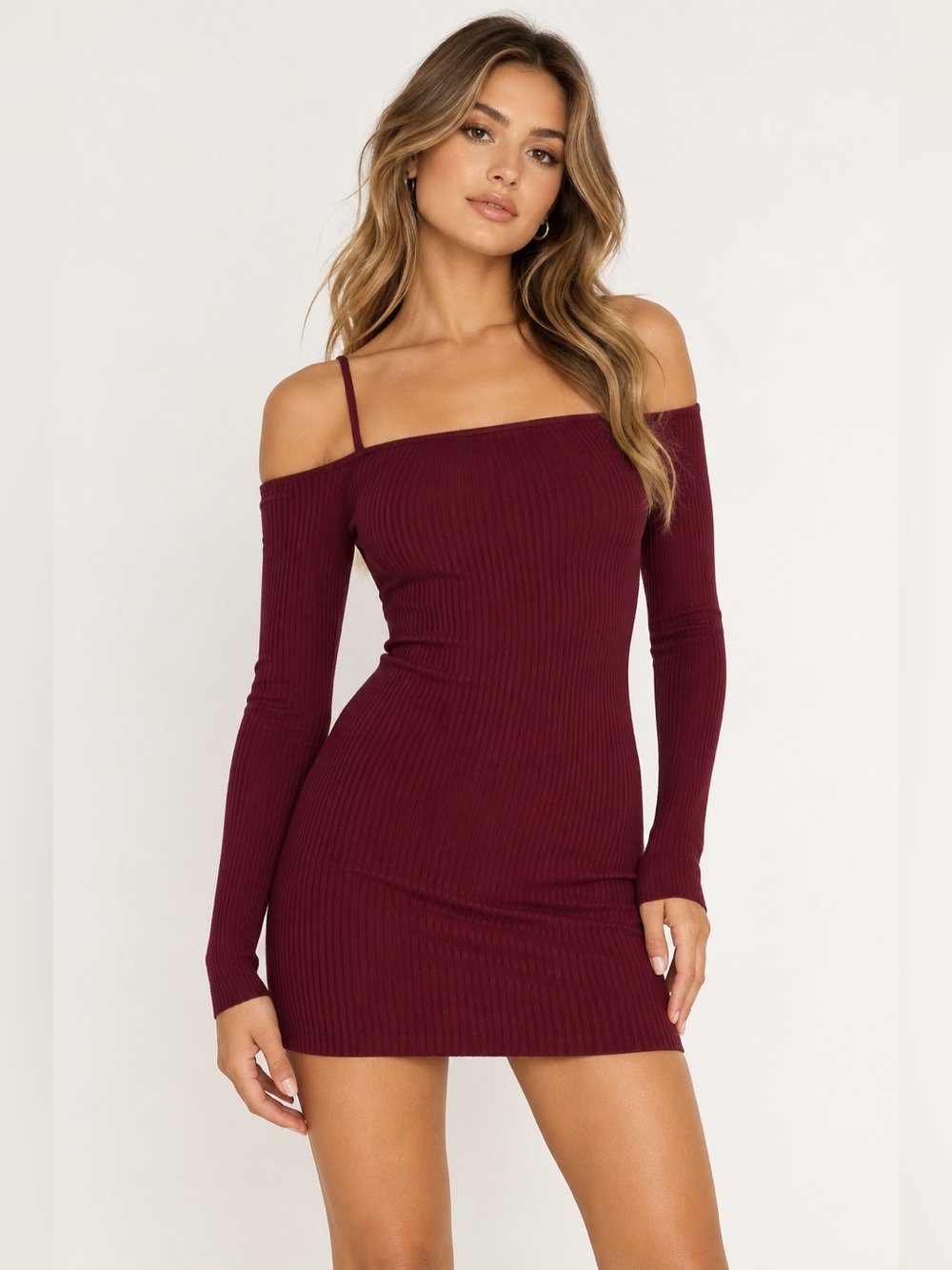 GOOD AMERICAN $179 Virgo Cold Shoulder LS Rib Dress